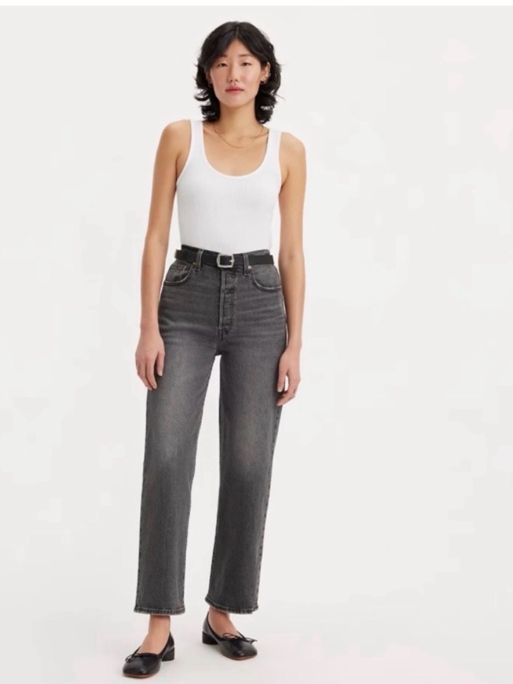 Levi’s Ribcage Straight Ankle Denim Button Fly Jeans In Well Worn Black 27x27